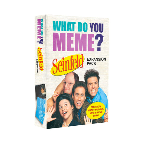 What Do You Meme? Seinfeld Expansion Pack" game box featuring the four main cast members of Seinfeld - Jerry, George, Elaine, and Kramer - smiling and posing together against a light background. 