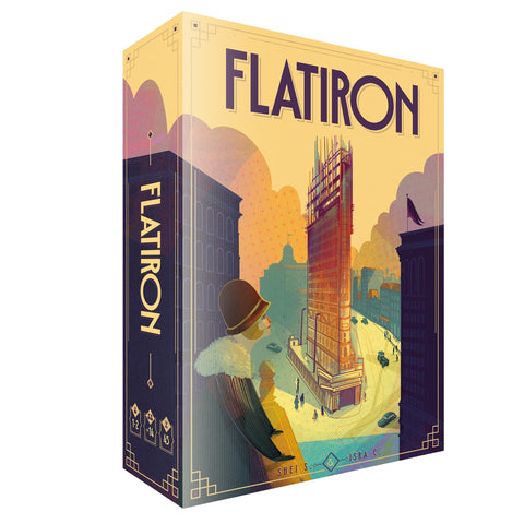 Flatiron board game box featuring an Art Deco-style illustration of New York City's iconic Flatiron Building and surrounding skyscrapers in warm golden and orange tones. The game box displays the title "FLATIRON" prominently at the top, with artistic depictions of early 20th century construction workers and city scenes.