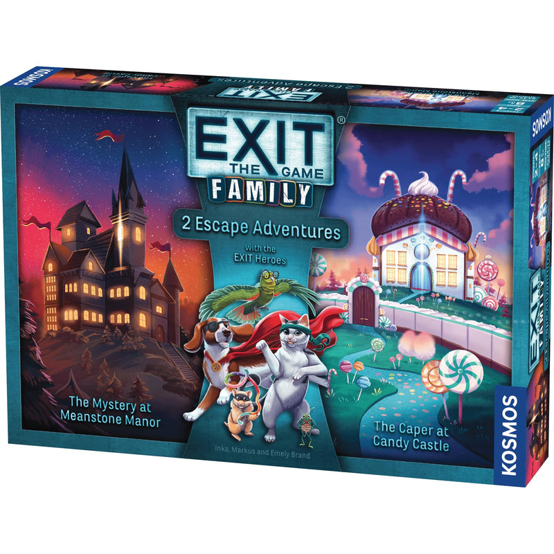 EXIT: The Game Family edition board game box featuring two escape room adventures - "The Mystery at Meanstone Manor" and "The Caper at Candy Castle." The colorful box art displays a spooky gothic manor with glowing windows on the left side and a whimsical candy-themed castle with swirled lollipops and confections on the right side.