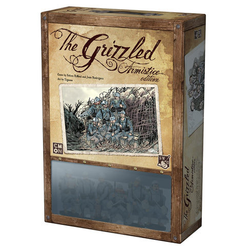 The Grizzled: Armistice Edition board game box featuring weathered wooden styling with brass corner reinforcements and a vintage military aesthetic. The front displays detailed artwork of World War I soldiers in a trench setting, rendered in muted blues and grays that convey the somber wartime theme.