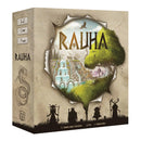 Rauha board game box featuring a circular torn-paper window revealing a lush fantasy landscape with waterfalls, green hills, and mystical creatures. The box has an earthy beige design with Nordic-style lettering and silhouettes of shamanic figures along the bottom edge. Game 