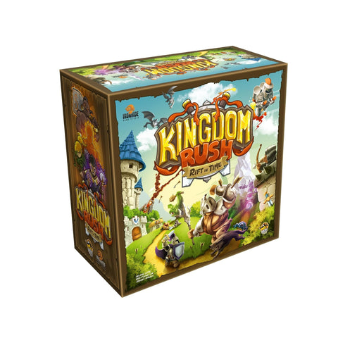 Kingdom Rush: Rift in Time board game box featuring colorful fantasy artwork with medieval towers, armored knights, and magical creatures against a bright sky backdrop. The box displays the game's distinctive logo in bold yellow and orange lettering, with fantasy characters including warriors and flying creatures positioned around castle towers.