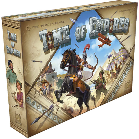 Time of Empires board game box featuring artwork that spans multiple historical periods with a mounted archer in the foreground and various civilizations in the background. The box art depicts characters from different eras including ancient warriors, medieval knights, and modern soldiers set against pyramids, castles, and industrial buildings. The game's title appears prominently in large metallic letters across the top of the golden-brown colored packaging.