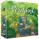 Verdant board game box featuring lush tropical houseplants surrounding two cozy blue armchairs with patchwork quilts and a sleeping cat. The vibrant green jungle setting includes palm fronds, ferns, and various potted plants creating an indoor garden atmosphere.