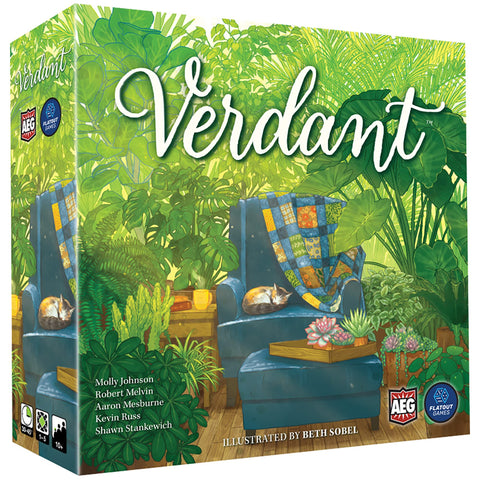 Verdant board game box featuring lush tropical houseplants surrounding two cozy blue armchairs with patchwork quilts and a sleeping cat. The vibrant green jungle setting includes palm fronds, ferns, and various potted plants creating an indoor garden atmosphere.