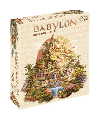 Babylon board game box featuring the designer Olivier Grégoire's name and publisher Geek Attitude Games logo. The cover art displays a magnificent multi-tiered tower structure with lush hanging gardens, cascading waterfalls, and tropical vegetation set against a warm sunset backdrop. The ornate architecture showcases ancient Mesopotamian-inspired design with terraced levels, palm trees, and flowering plants creating the iconic Hanging Gardens of Babylon aesthetic.