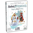 Rebel Princess Happily Never After Deluxe Edition expansion box featuring colorful fairy tale artwork with a blonde princess in white robes and a red-hooded figure standing by a castle and pond. The box displays the Zombi Paella and Bezier Games publisher logos along with creator credits.