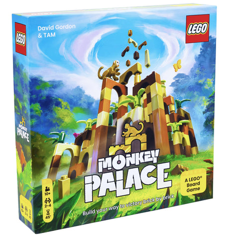 LEGO Monkey Palace board game box featuring a colorful jungle-themed design with a towering ancient temple structure made of brown and tan LEGO bricks, surrounded by lush green foliage and a bright blue sky. The box shows monkeys climbing on the temple ruins with LEGO pieces scattered in the air, emphasizing the building aspect of this collaborative strategy game.