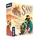 Sand board game box featuring fantasy characters in flowing robes navigating a barren landscape with rocky formations in the background.