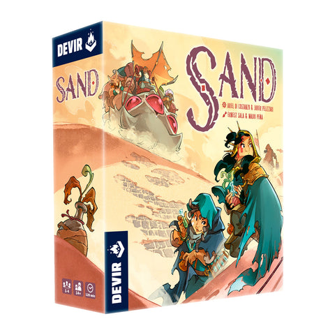 Sand board game box featuring fantasy characters in flowing robes navigating a barren landscape with rocky formations in the background.