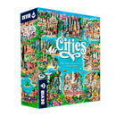 Cities board game box showing a colorful, detailed illustrated map featuring famous landmarks and cityscape elements from around the world. The vibrant artwork depicts recognizable structures like the Statue of Liberty, Christ the Redeemer statue, and various architectural styles arranged around blue waterways connecting different urban areas. The game box displays the DEVIR publisher logo and credits designers.
