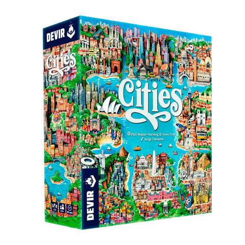 Cities board game box showing a colorful, detailed illustrated map featuring famous landmarks and cityscape elements from around the world. The vibrant artwork depicts recognizable structures like the Statue of Liberty, Christ the Redeemer statue, and various architectural styles arranged around blue waterways connecting different urban areas. The game box displays the DEVIR publisher logo and credits designers.