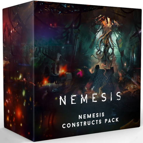 Nemesis Constructs Pack board game expansion box featuring dark sci-fi artwork with mechanical tentacles and industrial machinery in shadowy corridors. The box displays dramatic lighting with orange and teal tones against a black background, creating an ominous spaceship interior atmosphere. The product name 'NEMESIS' appears in large white letters with 'CONSTRUCTS PACK' subtitle below.