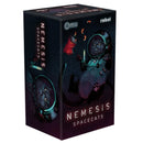 Nemesis Spacecats board game box featuring artwork of cats in space suits floating in a dark cosmic environment. The box shows "rebel" branding in the top corner and "Awaken Realms" publisher logo, with dramatic space-themed illustrations of feline astronauts against a starry background. 