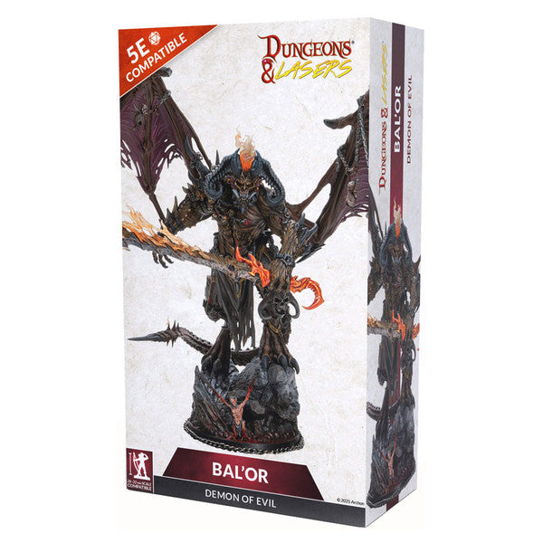 Box showing a large, dark winged demon figure with a fiery whip. The box displays the intimidating creature against a light background with "5E Compatible" branding in the top corner. The packaging identifies this as a detailed fantasy miniature for tabletop gaming, emphasizing the demon's massive wingspan and menacing pose.