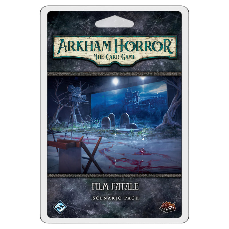 Arkham Horror The Card Game 'Film Fatale' scenario pack packaging featuring a bloody scene on a movie set