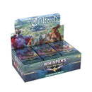 A retail display box of Altered: Whispers from the Maze booster packs. The box contains 36 booster packs arranged in rows, each pack featuring purple and blue artwork with the expansion name. The display includes fantasy artwork of characters overlooking a circular maze structure in a lush landscape, with the Altered logo prominently displayed.