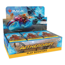 Aetherdrift Play Booster Display Box containing 30 individual play booster packs. The box features dynamic artwork of characters racing on futuristic vehicles with a character on a red motorcycle in the foreground and blue energy-wielding opponents in the background. The display contains multiple visible booster packs arranged in rows.