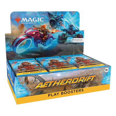 Aetherdrift Play Booster Display Box containing 30 individual play booster packs. The box features dynamic artwork of characters racing on futuristic vehicles with a character on a red motorcycle in the foreground and blue energy-wielding opponents in the background. The display contains multiple visible booster packs arranged in rows.