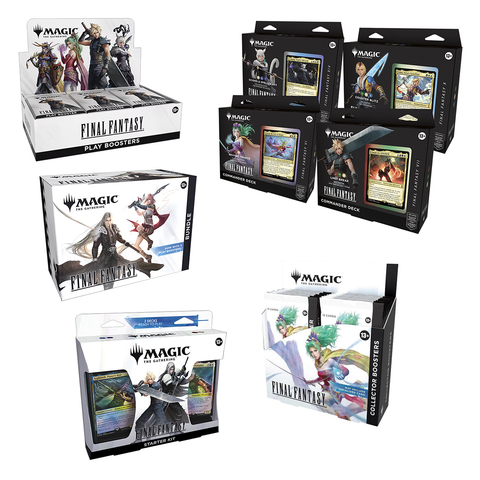 "Magic: The Gathering Final Fantasy All-In Bundle featuring all available product types displayed together. The collection includes Play Boosters box, Commander Decks featuring Terra, Cloud, Sephiroth and other characters, Bundle box, Starter Kit, and Collector Boosters display.