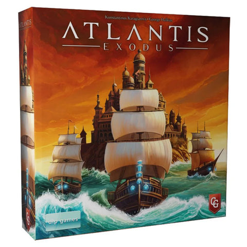 Box art for Atlantis Exodus showing sailing ships navigating rough waters toward a grand castle or citadel perched on an island. The dramatic illustration features multiple wooden ships with white sails against a vibrant orange and yellow sunset sky.