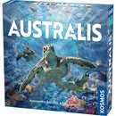 Australis board game box featuring two large sea turtles swimming through a vibrant underwater coral reef scene with tropical fish. The game box displays beautiful blue ocean artwork with coral formations, marine life, and the game title in large white letters across the top.