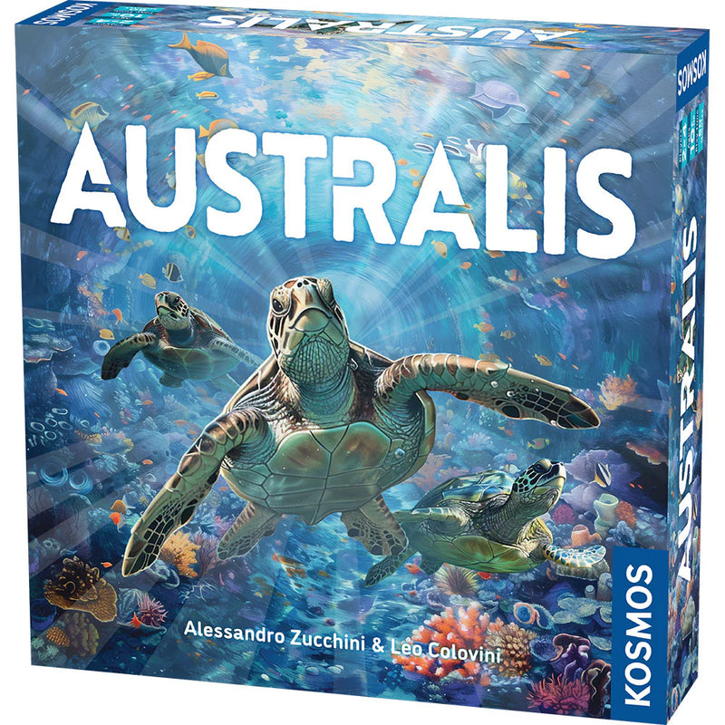 Australis board game box featuring two large sea turtles swimming through a vibrant underwater coral reef scene with tropical fish. The game box displays beautiful blue ocean artwork with coral formations, marine life, and the game title in large white letters across the top.