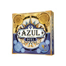 Azul Duel board game box featuring ornate Moorish-style tile patterns in gold and blue colors with the game title prominently displayed in decorative lettering. The square box design showcases intricate circular medallions with geometric patterns reminiscent of traditional Portuguese azulejo tiles. The elegant packaging combines warm golden tones on the upper portion with cool blue tones on the lower section, reflecting the game's theme of decorating palace ceilings.