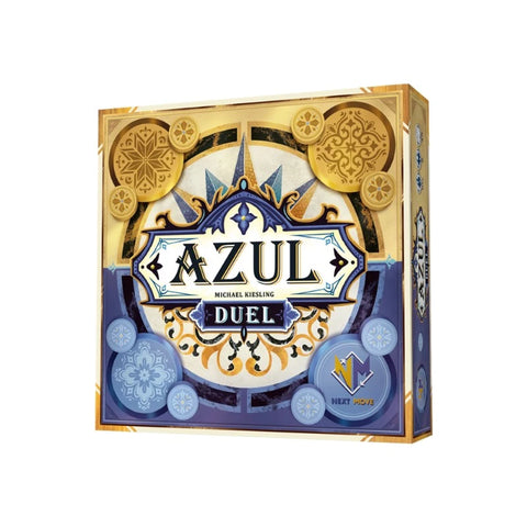 Azul Duel board game box featuring ornate Moorish-style tile patterns in gold and blue colors with the game title prominently displayed in decorative lettering. The square box design showcases intricate circular medallions with geometric patterns reminiscent of traditional Portuguese azulejo tiles. The elegant packaging combines warm golden tones on the upper portion with cool blue tones on the lower section, reflecting the game's theme of decorating palace ceilings.