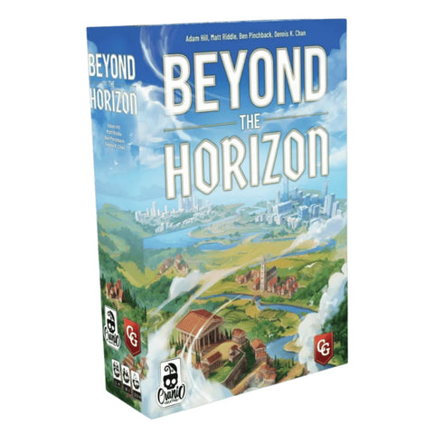 Box cover of Beyond the Horizon showing a beautiful landscape with rivers, forests, ancient buildings, and a modern city in the distance. The illustrated artwork features a vibrant countryside with small settlements and waterways stretching toward a futuristic metropolis on the horizon.