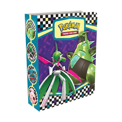 A mini portfolio with a checkered black and white border pattern. The portfolio features Gardevoir and Tyranitar prominently on the front, with a purple background and yellow accents.