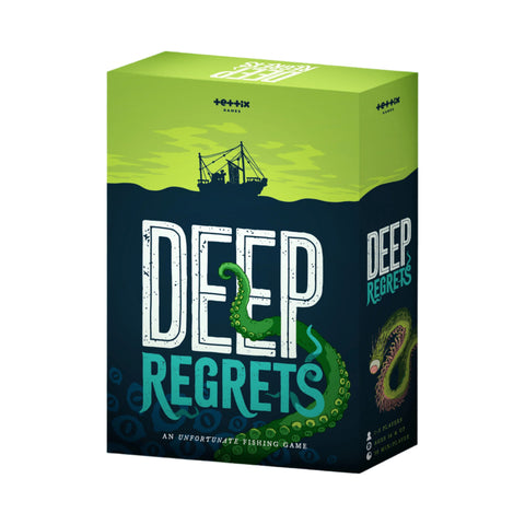 Box art for Deep Regrets, a strategic horror fishing board game by Tettix Games. The design features a dark ocean with green tentacles emerging from the depths beneath a lime green sky with a fishing boat silhouette. The distinctive packaging shows the game accommodates 1-5 players with 30 minutes of play time per player.