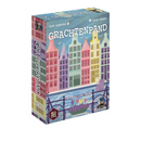 Box cover for Grachtenpand, a board game featuring colorful Amsterdam-style canal houses along a waterfront. The artwork shows a row of tall, narrow buildings in vibrant colors including pink, purple, yellow, and green with distinctive Dutch architectural features like stepped gables and large windows
