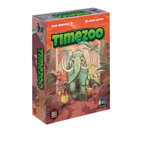 Time Zoo board game box featuring colorful prehistoric animals including a woolly mammoth, T-Rex, and triceratops in a jungle setting. The box has vibrant orange and green design elements with the "Time Zoo" title prominently displayed in large green letters.