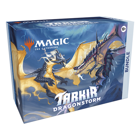 Tarkir Dragonstorm Bundle box showing two fierce dragons battling against a stormy blue background. The gold and black dragons are depicted mid-combat with lightning streaks, prominently displaying the product name on the front of the package.