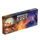 Andromeda's Edge Exotic Matter expansion box featuring dramatic sci-fi artwork with alien landscapes and creatures in purple and orange tones. The box shows a desolate planetary surface with strange rock formations on the left and a large serpentine creature against a starry nebula on the right.