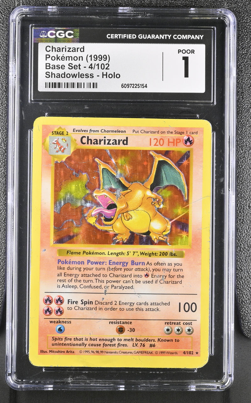 pokemon card 1 102 Charizard 4/102 Shadowless Base Set 1st Edition Holo Rare Discard 2 of the other cards in your hand in order to play this card Alakazam Base Set Unlimited Holo
