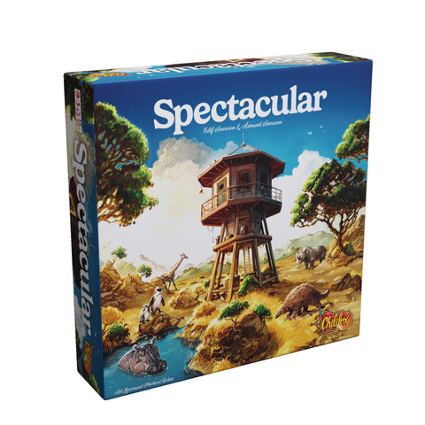 Box cover of Spectacular board game featuring a safari watchtower set in an African savanna. Various wildlife including giraffes, hippos, rhinos, and pangolins are visible in the grassland landscape with a blue stream running through it.