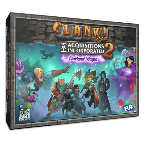 Clank! Legacy: Acquisitions Incorporated 2 - Darkest Magic board game box featuring colorful fantasy adventure artwork with multiple characters including adventurers, monsters, and magical elements against a dungeon-like stone frame background. The box art depicts an action-packed scene with warriors, spellcasters, and creatures in a vibrant underground setting with glowing magical effects.