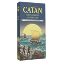 Board game 5-6 player expansion box titled 'Catan: Explorers & Pirates' featuring a ship and dock in turbulent waters. 