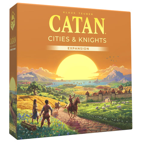 Box art for Catan: Cities & Knights expansion, showing a vibrant landscape with a castle, rolling fields, and knights on horseback approaching along a stone path. The illustration features a dramatic sunset over mountains and water, with pastoral scenery including sheep grazing near medieval structures. The orange box prominently displays the Catan logo and 'Cities & Knights Expansion' text in gold lettering against a warm backdrop