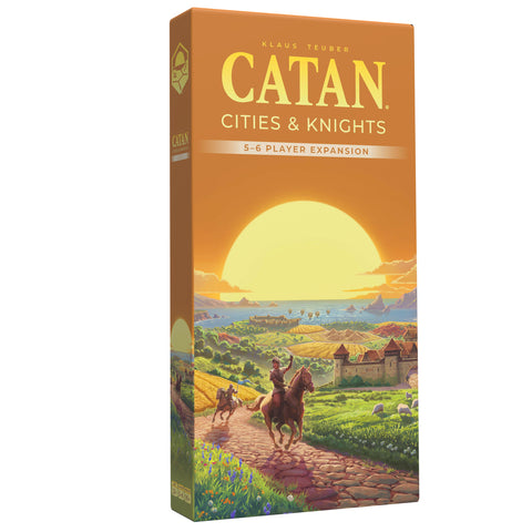 Box art for Catan: Cities & Knights 5-6 Player Expansion featuring a medieval landscape with knights on horseback traveling toward a castle. The orange box displays a sunset over rolling fields and the game's title prominently in yellow text.