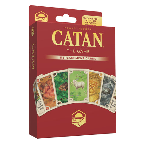 Red box packaging of Catan Replacement Cards displaying five resource cards fanned out at the bottom showing brick, wood, sheep, wheat, and ore resources, with the Catan logo prominently displayed in gold lettering.