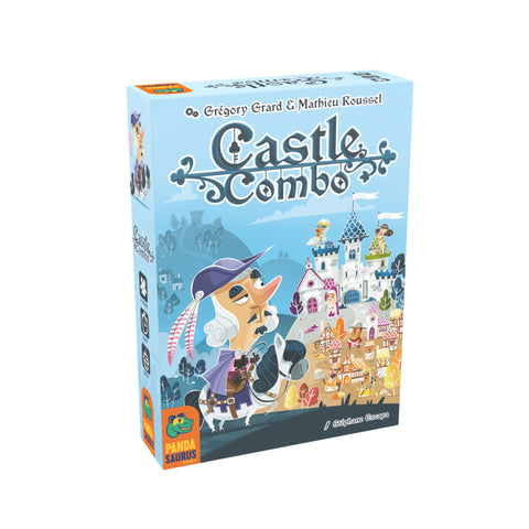 Castle Combo board game box featuring a whimsical illustrated design with a pirate character and colorful medieval castle town.