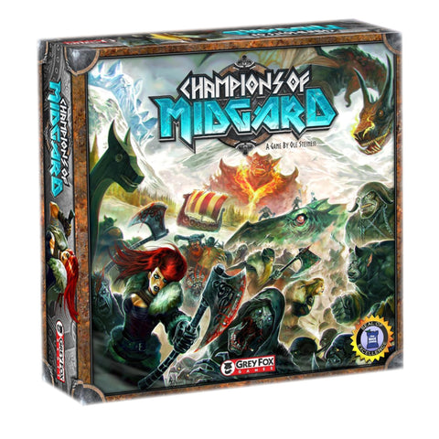 Board game box for 'Champions of Midgard' with fantasy characters and creatures on the cover.