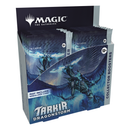 Tarkir: Dragonstorm Collector Boosters, featuring multiple booster packs with striking blue dragon artwork. The dramatic cover art depicts a blue-toned dragon with glowing wings against a stormy background.