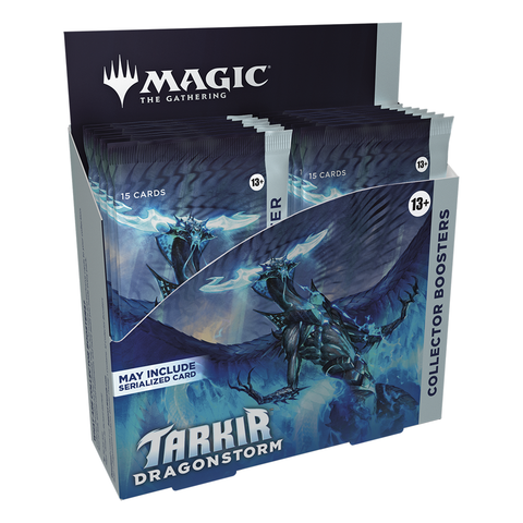Tarkir: Dragonstorm Collector Boosters, featuring multiple booster packs with striking blue dragon artwork. The dramatic cover art depicts a blue-toned dragon with glowing wings against a stormy background.