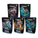 Collection of all five Magic: The Gathering Tarkir Dragonstorm Commander Decks displayed in their retail packaging. The boxes feature dramatic fantasy artwork showing powerful characters with dragons, representing the Mardu Surge, Temur Roar, Jeskai Striker, Abzan Armor, and Sultai Arisen clan-themed decks.