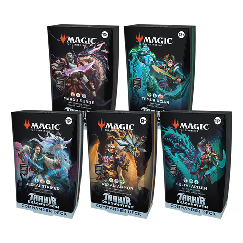 Collection of all five Magic: The Gathering Tarkir Dragonstorm Commander Decks displayed in their retail packaging. The boxes feature dramatic fantasy artwork showing powerful characters with dragons, representing the Mardu Surge, Temur Roar, Jeskai Striker, Abzan Armor, and Sultai Arisen clan-themed decks.
