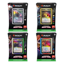 The image shows four Magic: The Gathering Commander Masters preconstructed Commander decks in their retail packaging, displayed in a 2x2 grid. Each black box features a different legendary creature card as the face commander: Eldrazi Unbound, Sliver Swarm, Enduring Enchantments, and Planeswalker Party, all labeled as part of the Commander Masters product line. The packages have green bottoms with "COMMANDER" text and display color-coded mana symbols